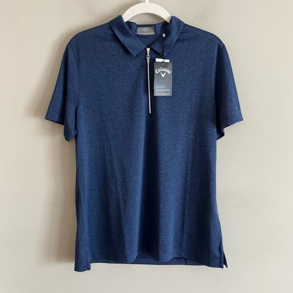NWT Callaway Short Sleeve Heather Golf 1/4 Zip Polo Shirt Navy Blue Large